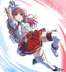 Rule 34 | 1girl, absurdres, adapted turret, blue sailor collar, brown eyes, brown hair, dated, depth charge, flower, full body, gegeron, gloves, hair ornament, hat, highres, hip vent, kantai collection, long hair, machinery, mast, pleated skirt, puffy short sleeves, puffy sleeves, red skirt, rigging, sailor collar, sailor hat, sailor shirt, shirt, short sleeves, signature, skirt, smokestack, solo, thighhighs, turret, wavy hair, white gloves, white hat, white shirt, yashiro (kancolle)