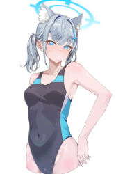 Rule 34 | 1girl, animal ear fluff, animal ears, black one-piece swimsuit, blue archive, blue eyes, breasts, commentary, competition swimsuit, covered navel, cowboy shot, cropped torso, cross hair ornament, extra ears, grey hair, hair ornament, halo, highleg, highleg swimsuit, highres, looking at viewer, low ponytail, medium breasts, medium hair, mismatched pupils, multicolored clothes, multicolored swimsuit, official alternate costume, one-piece swimsuit, shiroko (blue archive), shiroko (swimsuit) (blue archive), simple background, solo, standing, swimsuit, uisk, white background, wolf ears