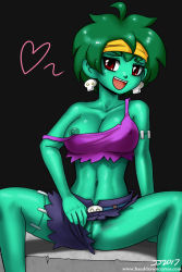 Rule 34 | 1girl, black background, blush, bottomless, breasts, cleavage, collarbone, colored nipples, colored skin, covered erect nipples, earrings, fang, green hair, green nipples, green skin, hairband, half-closed eyes, highres, jewelry, john joseco, large breasts, legs apart, navel, nipples, no bra, open mouth, purple shirt, pussy, red eyes, rottytops, shantae (series), shiny skin, shirt, short hair, skull earrings, sleeveless, sleeveless shirt, smile, solo, stitches, strap slip, tank top, teeth, tongue, uncensored, zombie