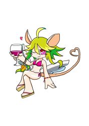 Rule 34 | 1girl, animal ears, bikini, blush stickers, breasts, cheese, cleavage, cup, drinking glass, food, green hair, heart, heart tail, highres, mad rat dead, mouse (animal), mouse ears, mouse girl, mouse tail, nippon ichi, rat god, red eyes, sandals, swimsuit, tail, wine glass, wings