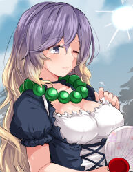 1girl bead_necklace beads blonde_hair breasts cleavage cross-laced_clothes gradient_hair hand_fan highres hijiri_byakuren huyusilver jewelry long_hair multicolored_hair necklace one_eye_closed outdoors puffy_short_sleeves puffy_sleeves purple_eyes purple_hair short_sleeves solo sun sweat touhou upper_body