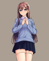 Rule 34 | 1girl, bang dream!, blouse, blue shirt, blue skirt, brown background, brown hair, closed mouth, collared shirt, commentary, cowboy shot, hair between eyes, hanazono tae, hands up, highres, long hair, long sleeves, looking at viewer, own hands together, pleated skirt, ptal, shirt, sidelocks, simple background, skirt, smile, solo, standing, symbol-only commentary, thighhighs, white thighhighs, yellow eyes, zettai ryouiki