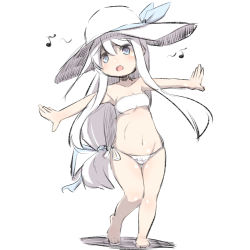 Rule 34 | 1girl, :d, bad id, bad pixiv id, bandeau, bare arms, bare legs, bare shoulders, barefoot, bikini, blue eyes, blue ribbon, blush, breasts, collarbone, eighth note, hair between eyes, hair ribbon, hat, hibiki (kancolle), highres, kantai collection, long hair, looking away, looking to the side, low-tied long hair, musical note, navel, open mouth, outstretched arms, ribbon, side-tie bikini bottom, small breasts, smile, solo, spread arms, standing, sun hat, swimsuit, u-non (annon&#039;an), very long hair, white background, white bikini, white hair, white hat