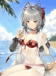 Rule 34 | 1girl, ahoge, arknights, asymmetrical sleeves, blush, breasts, choker, cleavage, closed mouth, clothing request, cloud, collarbone, day, eyelashes, grey hair, hands up, highres, holding, looking down, medium hair, nail polish, orange eyes, outdoors, qin chi, red nails, sand, shore, sitting, sky, solo, sparkle, spill, tail, uneven sleeves, w (arknights), water
