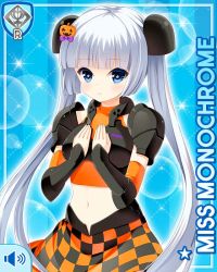 Rule 34 | 1girl, armor, blue background, blue eyes, blunt bangs, card, character name, checker pattern, chestplate, closed mouth, girlfriend (kari), halloween, hands on own chest, miss monochrome, miss monochrome (character), official art, orange footwear, orange shirt, orange skirt, qp:flapper, shirt, skirt, solo, standing, tagme, thighhighs, twintails, white hair