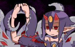 Rule 34 | 1girl, barefoot, choker, desco (disgaea), disgaea, feet, foot focus, horns, looking at viewer, lying, on stomach, pointy ears, pov, purple hair, red eyes, reddly23, short hair, soles, toes