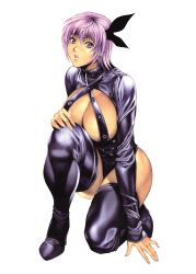 Rule 34 | 1girl, areola slip, ayane (doa), boots, breasts, curvy, dead or alive, feet, hairband, highres, homare (fool&#039;s art), kneeling, large breasts, legs, lingerie, lipstick, looking at viewer, makeup, nail polish, pink eyes, purple hair, serious, short hair, simple background, solo, thigh boots, thighhighs, thighs, underwear, white background