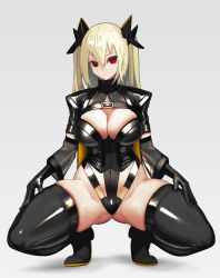 Rule 34 | 1girl, black footwear, black gloves, black ribbon, blonde hair, boots, breasts, character request, commission, copyright request, corset, detached sleeves, empty eyes, expressionless, full body, gloves, gluteal fold, hair between eyes, hair ribbon, highres, hiragana oufu, large breasts, latex, looking at viewer, navel, red eyes, revealing clothes, ribbon, see-through, shrug (clothing), skeb commission, skindentation, solo, spread legs, squatting, thick thighs, thigh boots, thighhighs, thighs, twintails, zipper panties