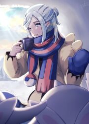 Rule 34 | 1boy, absurdres, blue mittens, blue scarf, cetoddle, commentary request, creatures (company), cup, day, game freak, grey eyes, grusha (pokemon), highres, holding, holding cup, jacket, long sleeves, looking at viewer, male focus, mittens, mug, nintendo, parted lips, poke ball print, pokemon, pokemon (creature), pokemon sv, sakazery, scarf, signature, smile, steam, striped clothes, striped scarf, yellow jacket