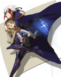 Rule 34 | 1boy, 1girl, blonde hair, boots, cape, carrying, carrying person, commentary, crossover, fate/grand order, fate (series), glasses, glowing, glowing hand, helmet, made in abyss, multicolored hair, odysseus (fate), riko (made in abyss), siwomi, smile, whistle, whistle around neck
