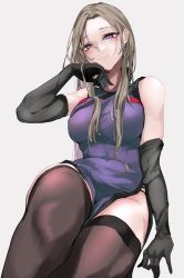 Rule 34 | 1girl, akiyama cz4a, bare shoulders, black gloves, black thighhighs, blonde hair, breasts, commentary request, dress, earrings, elbow gloves, gloves, hand on own face, highres, jewelry, large breasts, long hair, looking at viewer, mole, purple dress, purple eyes, simple background, smile, solo, thighhighs, touhou, yakumo yukari