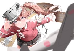 Rule 34 | 1girl, aircraft, aircraft request, airplane, bad id, bad twitter id, black skirt, blurry, character name, collared shirt, commentary request, cowboy shot, depth of field, dress, flight deck, highres, japanese clothes, kantai collection, kariginu, kirigakure (kirigakure tantei jimusho), magatama, pleated dress, red shirt, ryuujou (kancolle), shikigami, shirt, simple background, skirt, solo, standing, twintails, visor cap, white background, white shirt