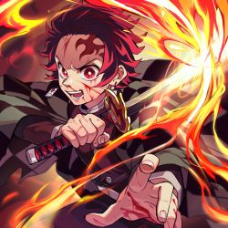 Rule 34 | 1boy, angry, blood, blood on face, blood on hands, buttons, collar, ear piercing, earrings, fingernails, fire, highres, holding, holding sword, holding weapon, japanese clothes, jewelry, kamado tanjirou, katana, ke02152, kimetsu no yaiba, long sleeves, looking at viewer, male focus, open mouth, piercing, red eyes, red hair, scar, scar on face, scar on forehead, simple background, solo, sword, teeth, upper body, weapon
