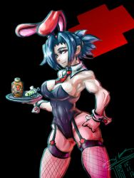 Rule 34 | + +, 1girl, animal ears, breasts, cleavage, cross, detached collar, fake animal ears, fishnet thighhighs, fishnets, garter straps, highres, large breasts, leotard, moroon, muscular, muscular female, necktie, playboy bunny, poison, rabbit ears, red cross, red eyes, scar, short hair, skullgirls, solo, syringe, thighhighs, toned, tray, valentine (skullgirls), wrist cuffs
