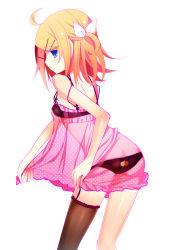 Rule 34 | 1girl, bad id, bad pixiv id, bare shoulders, blonde hair, blue eyes, blush, bow, camisole, hair bow, hair ornament, hair ribbon, hairclip, highres, kagamine rin, lingerie, looking at viewer, ribbon, see-through, short hair, side ponytail, simple background, single thighhigh, solo, temari (deae), thighhighs, underwear, underwear only, vocaloid, white background
