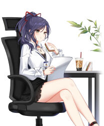 Rule 34 | 1girl, :t, anklet, bare legs, black skirt, black undershirt, blue hair, bow, bubble tea, business casual, chair, closers, collared shirt, crossed legs, cup, dark blue hair, disposable cup, dress shirt, drinking straw, eating, eunha (closers), feet out of frame, food, full mouth, green eyes, hair ribbon, hand up, highres, holding, holding food, holding paper, id card, jewelry, lanyard, long sleeves, looking down, medium hair, miniskirt, office chair, office lady, official art, on chair, paper, pendant, plant, ponytail, reading, red ribbon, ribbon, sandwich, shirt, shirt under shirt, sitting, skirt, sleeve bow, solo, swivel chair, table, white background, white bow, white shirt