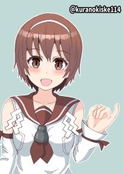 Rule 34 | 1girl, absurdres, brown eyes, brown hair, brown neckerchief, brown sailor collar, commentary request, detached sleeves, highres, kantai collection, kurano kisuke, looking at viewer, natori (kancolle), neckerchief, one-hour drawing challenge, pinky out, sailor collar, school uniform, serafuku, shirt, short hair, smile, solo, twitter username, white shirt