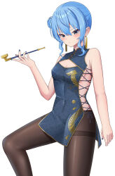 Rule 34 | 1girl, alternate costume, blue eyes, blue hair, blue nails, blush, breasts, brown pantyhose, china dress, chinese clothes, closed mouth, commentary, covered navel, cowboy shot, dangle earrings, dragon print, dress, earrings, gold earrings, hair bun, highres, hiiragi melt, holding, holding smoking pipe, hololive, hoshimachi suisei, jewelry, pantyhose, short dress, simple background, sleeveless, sleeveless dress, small breasts, smoking pipe, solo, virtual youtuber, white background