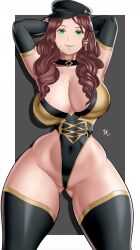 Rule 34 | 1girl, absurdres, armpits, arms behind head, artist name, breasts, brown hair, cleavage, dorothea arnault, fire emblem, green eyes, highres, large breasts, leotard, long hair, nintendo, parted lips, smile, solo, thick thighs, thighs, wide hips