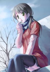 Rule 34 | 1girl, absurdres, black thighhighs, green eyes, highres, holding, lip balm, open mouth, original, scan, scarf, silver hair, sitting, skirt, solo, takoyaki (roast), thighhighs, tree, winter