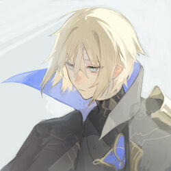 Rule 34 | 1boy, armor, black cape, black shirt, blonde hair, blue cape, blue eyes, cape, closed mouth, dainsleif (genshin impact), diamond-shaped pupils, diamond (shape), genshin impact, grey background, hair between eyes, highres, kaimochi0839, looking to the side, male focus, shirt, short hair, shoulder armor, simple background, solo, standing, symbol-shaped pupils, two-sided cape, two-sided fabric, upper body
