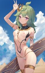 Rule 34 | 1girl, ahoge, airool, alternate costume, arm up, armlet, bangle, bare shoulders, bikini, bikini bottom only, bracelet, breasts, closed mouth, cloud, collar, collei (genshin impact), covered erect nipples, cowboy shot, day, genshin impact, gold trim, green hair, hair ornament, highleg, highleg bikini, highres, jewelry, long hair, looking at viewer, navel, nude filter, outdoors, purple eyes, pyramid (structure), sky, small breasts, smile, solo, stomach, string bikini, surfboard, swimsuit, thighlet, thighs, third-party edit, v, white bikini