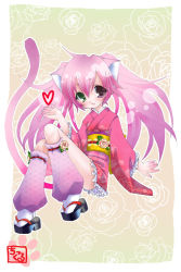 Rule 34 | 1girl, animal ears, blush, cat ears, cat tail, chikkuru, floral print, flower, green eyes, heart, heterochromia, japanese clothes, kimono, kimono skirt, leg warmers, looking at viewer, okobo, open m/, original, pink hair, platform footwear, purple eyes, sandal, sandals, simple background, solo, tail, traditional clothes, twintails