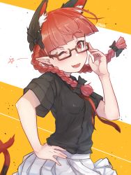 Rule 34 | 1girl, ;d, adjusting eyewear, animal ear fluff, animal ears, bespectacled, black-framed eyewear, black bow, black shirt, blunt bangs, bow, braid, cat ears, cat tail, commentary request, cowboy shot, fang, glasses, hair bow, hand on own hip, hand up, head tilt, highres, kaenbyou rin, long hair, miniskirt, multiple tails, necktie, nekomata, one eye closed, open mouth, pleated skirt, pointy ears, red eyes, red hair, red necktie, senzaicha kasukadoki, shirt, short sleeves, skin fang, skirt, smile, solo, star (symbol), tail, touhou, twin braids, twintails, two-tone background, two tails, white background, white skirt, yellow background