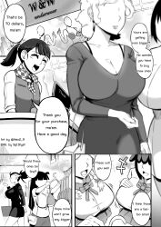 Rule 34 | absurdres, bra, breasts, cleavage, clothes hanger, clothes shop, comic, employee uniform, english text, formal, glasses, highres, holding, holding clothes, indoors, large breasts, long hair, monochrome, multiple girls, nesz r, office lady, open mouth, original, school uniform, shopping, skirt, skirt suit, small breasts, smile, suit, underwear, uniform
