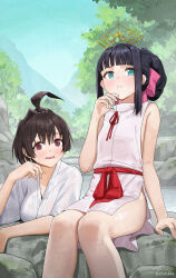 Rule 34 | 2girls, ahoge, aqua eyes, artist name, bare arms, bare legs, bare shoulders, black hair, blunt bangs, breasts, brown eyes, chilakkk, commentary, day, flat chest, hair between eyes, hair ribbon, highres, japanese clothes, large breasts, light blush, mochizuki ayako, multiple girls, nige jouzu no wakagimi, onsen, open mouth, outdoors, parted lips, pink ribbon, ribbon, rock, sash, shizuku (nige jouzu no wakagimi), short hair, sidelocks, sitting, smile, tree, twitter username, water