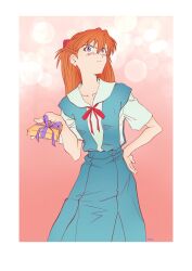 Rule 34 | 1girl, absurdres, artist request, blue eyes, blush, breasts, brown hair, embarrassed, gift, hair ornament, hand up, highres, holding, holding gift, interface headset, long hair, looking at viewer, neon genesis evangelion, school uniform, shiny skin, simple background, skirt, small breasts, solo, souryuu asuka langley, standing, suspender skirt, suspenders, tokyo-3 middle school uniform, tsundere, two side up, valentine, very long hair