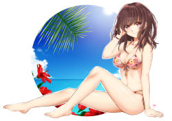 Rule 34 | 1girl, arm support, arm up, artist name, barefoot, bikini, blue sky, blush, breasts, brown hair, cleavage, cloud, collarbone, day, feet, floral print, flower, front-tie bikini top, front-tie top, hair between eyes, hand in own hair, hibiscus, highres, knee up, light smile, long hair, looking at viewer, mar0maru, medium breasts, multi-strapped bikini, navel, ocean, original, outline, outside border, palm leaf, print bikini, red eyes, shiny skin, side-tie bikini bottom, sidelocks, signature, sitting, sky, solo, string bikini, sun, swimsuit, white outline