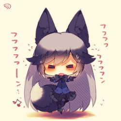 Rule 34 | 10s, 1girl, = =, animal ear fluff, animal ears, black bow, black gloves, black hair, black pantyhose, black skirt, blue jacket, blush, bow, chibi, closed eyes, facing viewer, flying sweatdrops, fox ears, fox girl, fox tail, full body, fur-trimmed sleeves, fur trim, gloves, gradient hair, jacket, kemono friends, long hair, long sleeves, multicolored hair, muuran, open mouth, pantyhose, pleated skirt, signature, silver fox (kemono friends), silver hair, skirt, solo, standing, standing on one leg, sweat, tail, translation request, very long hair, wavy mouth