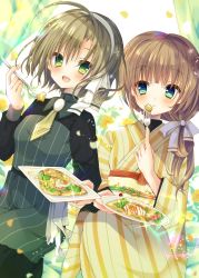 Rule 34 | 2girls, :d, blush, breasts, commentary request, condiment, dot nose, dutch angle, eating, eye contact, eyebrows hidden by hair, green eyes, hair over shoulder, highres, holding, holding plate, japanese clothes, kimono, kohinata raichi, light brown hair, long hair, long sleeves, looking at another, multiple girls, obi, open mouth, original, petals, pinstripe pattern, plate, ringed eyes, sash, short hair, sideways glance, small breasts, smile, striped, walking, wide sleeves, yellow kimono