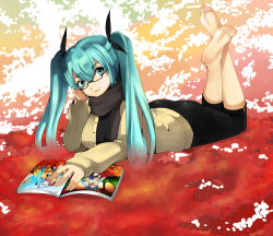 Rule 34 | 1girl, aqua eyes, aqua hair, ass, barefoot, eiji (eiji), feet, glasses, hair ribbon, hatsune miku, legs up, long hair, lying, magazine (object), on stomach, pants, ribbon, scarf, smile, soles, solo, sweater, the pose, toes, twintails, vocaloid