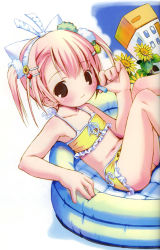 Rule 34 | 1girl, animal ears, bikini, black eyes, blonde hair, blush, cross-laced clothes, flat chest, flower, food-themed clothes, food-themed hair ornament, frilled bikini, frills, hair flower, hair ornament, hair ribbon, hairclip, highres, pink hair, pop, ribbon, short twintails, smile, solo, sunflower, sunflower hair ornament, swimsuit, twintails, wading pool, yellow bikini