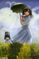 Rule 34 | 2girls, alternate costume, arare (kancolle), black hair, brown hair, cloud, cloudy sky, dated, day, dress, fine art parody, grass, hair ornament, hamu koutarou, hat, headband, hiryuu (kancolle), holding, holding umbrella, kantai collection, long sleeves, looking at viewer, multiple girls, one side up, parody, remodel (kantai collection), ryuuhou (kancolle), short hair, side ponytail, sky, smile, taigei (kancolle), umbrella, whale, white dress, wind, woman with a parasol