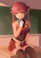 Rule 34 | 1girl, :o, blush, chalkboard, classroom, cleavage, desk, finger to mouth, gloves, heterochromia, hololive, houshou marine, looking at viewer, on desk, open mouth, red eyes, red hair, see-through, see-through cleavage, sitting, skirt, thighhighs, user pwgd7442, virtual youtuber, white gloves, yellow eyes