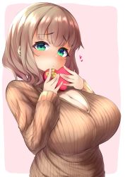 Rule 34 | 1girl, blush, border, breasts, brown hair, brown sweater, candy, chocolate, chocolate heart, cleavage, cleavage cutout, clothing cutout, dot mouth, embarrassed, food, full-face blush, gift, green eyes, hands up, heart, highres, holding, holding gift, huge breasts, long sleeves, looking at viewer, medium hair, original, outside border, pink background, raised eyebrows, ribbed sweater, simple background, solo, sweater, turtleneck, turtleneck sweater, upper body, valentine, watari1118, wavy hair