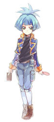 Rule 34 | 1boy, blue hair, blue jacket, blue pants, brown footwear, candy, food, green eyes, holding, holding candy, holding food, holding lollipop, jacket, light blue hair, lollipop, long sleeves, looking at viewer, male focus, open clothes, open jacket, pants, ponytail, rento (rukeai), shiun&#039;in sora, smile, solo, yu-gi-oh!, yu-gi-oh! arc-v
