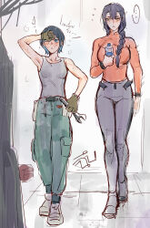 Rule 34 | ..., 2girls, absurdres, armpits, bare arms, blue eyes, blue hair, braid, breasts, colored inner hair, commentary request, flying sweatdrops, gloves, green gloves, green pants, grey footwear, grey tank top, gundam, gundam suisei no majo, highres, holding, holding wrench, large breasts, maybecrosswise, multicolored hair, multiple girls, nika nanaura, pants, purple hair, sabina fardin, short hair, single braid, skin tight, small breasts, spoken ellipsis, sweat, tank top, walking, wiping face, wrench, yellow eyes