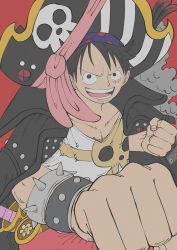 Rule 34 | &gt;:), 1boy, :d, absurdres, armlet, black eyes, black hair, clenched hands, coat, coat on shoulders, fighting stance, hat, highres, male focus, monkey d. luffy, oda eiichirou (style), official alternate costume, official style, one piece, one piece film: red, open mouth, pirate hat, riku (rikuw223xx), scar, scar on face, smile, solo, spiked armlet, v-shaped eyebrows, wrist cuffs