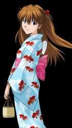 Rule 34 | 1girl, ahoge, animal print, artist request, blue eyes, breasts, fan, fish, fish print, from side, hair ornament, highres, holding, japanese clothes, kimono, koi, long hair, long image, looking at viewer, looking back, neck, neon genesis evangelion, obi, official art, orange hair, pink sash, print kimono, red headwear, sash, smile, solo, souryuu asuka langley, standing, tall image, traditional clothes, twintails, v arms, wide sleeves, yukata