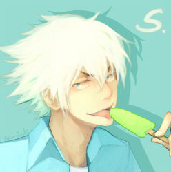 Rule 34 | 1boy, aqua background, blue eyes, copyright request, fingernails, food, hair between eyes, holding, holding food, licking, lossehelin, male focus, popsicle, portrait, shadow, signature, simple background, solo, spiked hair, tongue, tongue out, upper body, white hair