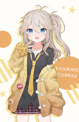 Rule 34 | 1girl, badge, bandaid, blue eyes, blush, brown hair, button badge, cardigan, character name, collared shirt, highres, jewelry, kasukabe tsumugi, kirima (zs at ), long hair, long sleeves, looking at viewer, loose necktie, nail polish, necklace, necktie, one side up, open mouth, plaid, plaid skirt, pleated skirt, scrunchie, shirt, skirt, sleeves past wrists, smile, solo, voicevox, wrist scrunchie