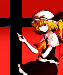 Rule 34 | 1girl, bad id, bad pixiv id, blonde hair, blouse, collared shirt, cross, female focus, flandre scarlet, from side, grin, hair between eyes, hat, mob cap, red background, red eyes, red theme, shirt, side ponytail, smile, solo, ton (artist), touhou, white hat, white shirt