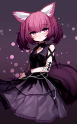 Rule 34 | 1girl, absurdres, animal ear fluff, animal ears, arknights, bare shoulders, beudelb, black background, black dress, black headwear, black ribbon, blush, bow, closed mouth, commentary request, dress, fox ears, fox girl, frills, from side, gradient background, hair bow, hair ornament, highres, korean commentary, long hair, looking at viewer, official alternate costume, purple background, purple eyes, purple hair, ribbon, shamare (arknights), shamare (echo of the horrorlair) (arknights), short twintails, sidelocks, skull hair ornament, sleeveless, sleeveless dress, solo, twintails, upper body, wrist cuffs