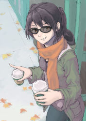 Rule 34 | 1girl, brown eyes, brown hair, commentary, cowboy shot, cup, green jacket, holding, holding cup, jacket, kantai collection, leaf, looking at viewer, official alternate costume, orange scarf, scarf, sendai (kancolle), smile, solo, sunglasses, two side up, vent arbre