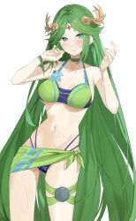 Rule 34 | 1girl, absurdres, alternate costume, belt, belt collar, bikini, blue flower, blush, breasts, collar, commentary request, commission, cosplay, cropped, crossover, eunie (xenoblade), eunie (xenoblade) (cosplay), feet out of frame, flower, forehead jewel, green belt, green bikini, green eyes, green hair, hands up, highres, jewelry, kid icarus, large breasts, laurel crown, legs, long hair, looking at viewer, mia cbx, navel, nintendo, palutena, parted lips, purple bikini, sarong, simple background, skeb commission, smile, solo, swimsuit, tiara, toes, two-tone bikini, very long hair, wet, xenoblade chronicles (series), xenoblade chronicles 3