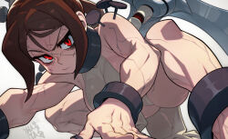 Rule 34 | 1girl, all fours, black nails, breasts, brown hair, collar, cuffs, cyborg, from below, hanging breasts, hata4564, highres, large breasts, looking at viewer, muscular, muscular female, nail, no mask, painwheel (skullgirls), red eyes, scar, shackles, skullgirls, solo, squatting, thick thighs, thighs, veins
